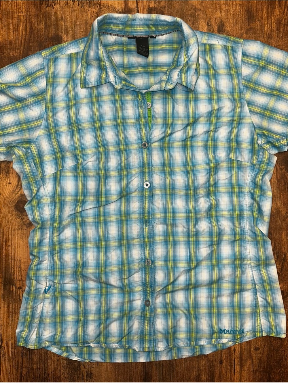 Marmot Light Blue, Green & White Plaid Short-Sleeve Button-Up Shirt